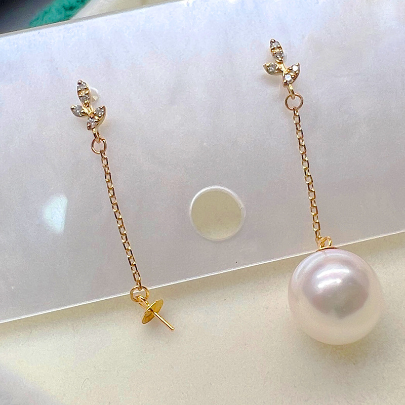 18K金耳线空托珍珠耳环蜜蜡澳白金珠配件翡翠玉石耳钉托钻石正品