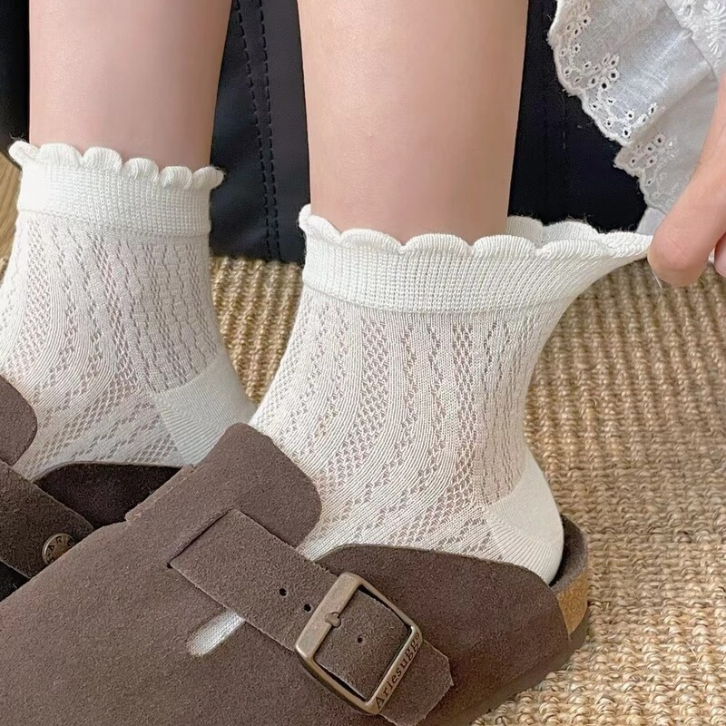 Spring and Summer Thin Mesh Breathable Socks Women's Short Socks Cotton Lace Cute Medium and Short Tube Summer Thin Socks White Cotton