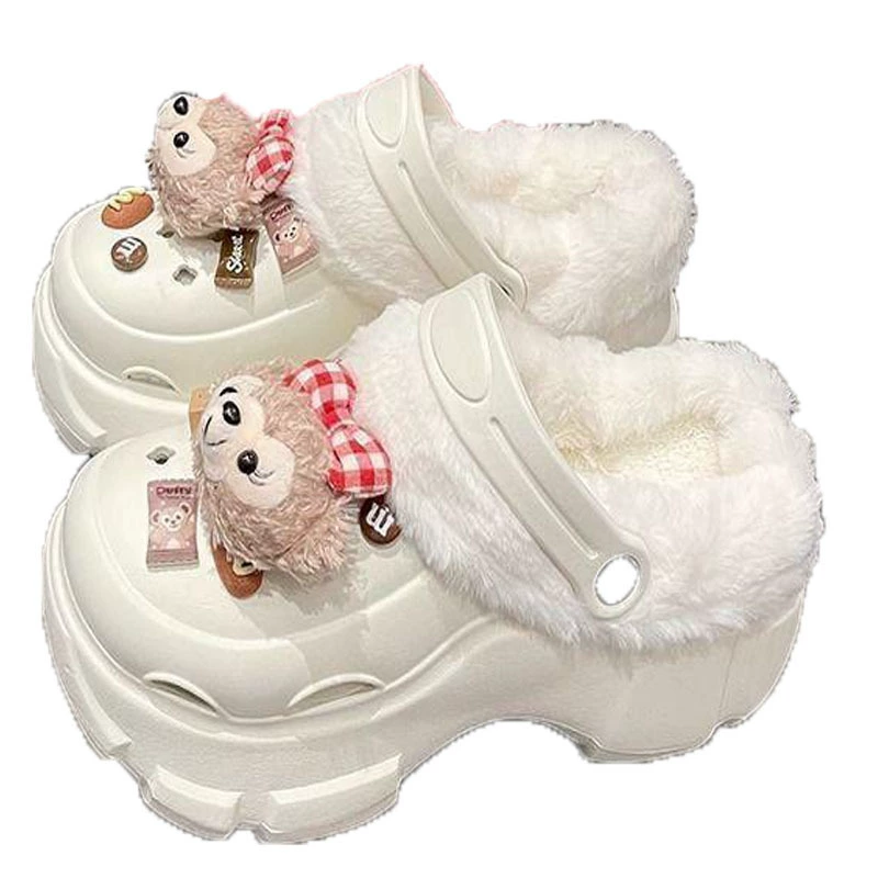Fleece winter platform ankle clogs, plush‑lined slippers, high chunky sole, sizes 36–41