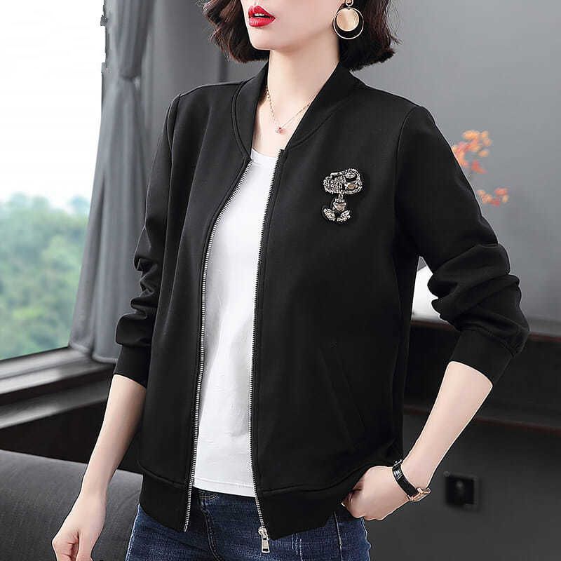 Baseball Uniform Jacket for Women Spring and Autumn New Women's Short Jacket Casual Plus Size Women's Black Loose Jacket