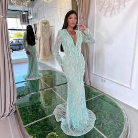 新款晚礼服重工蕾丝钉镶珠饰修身显瘦鱼尾宴会派对晚礼服Dress