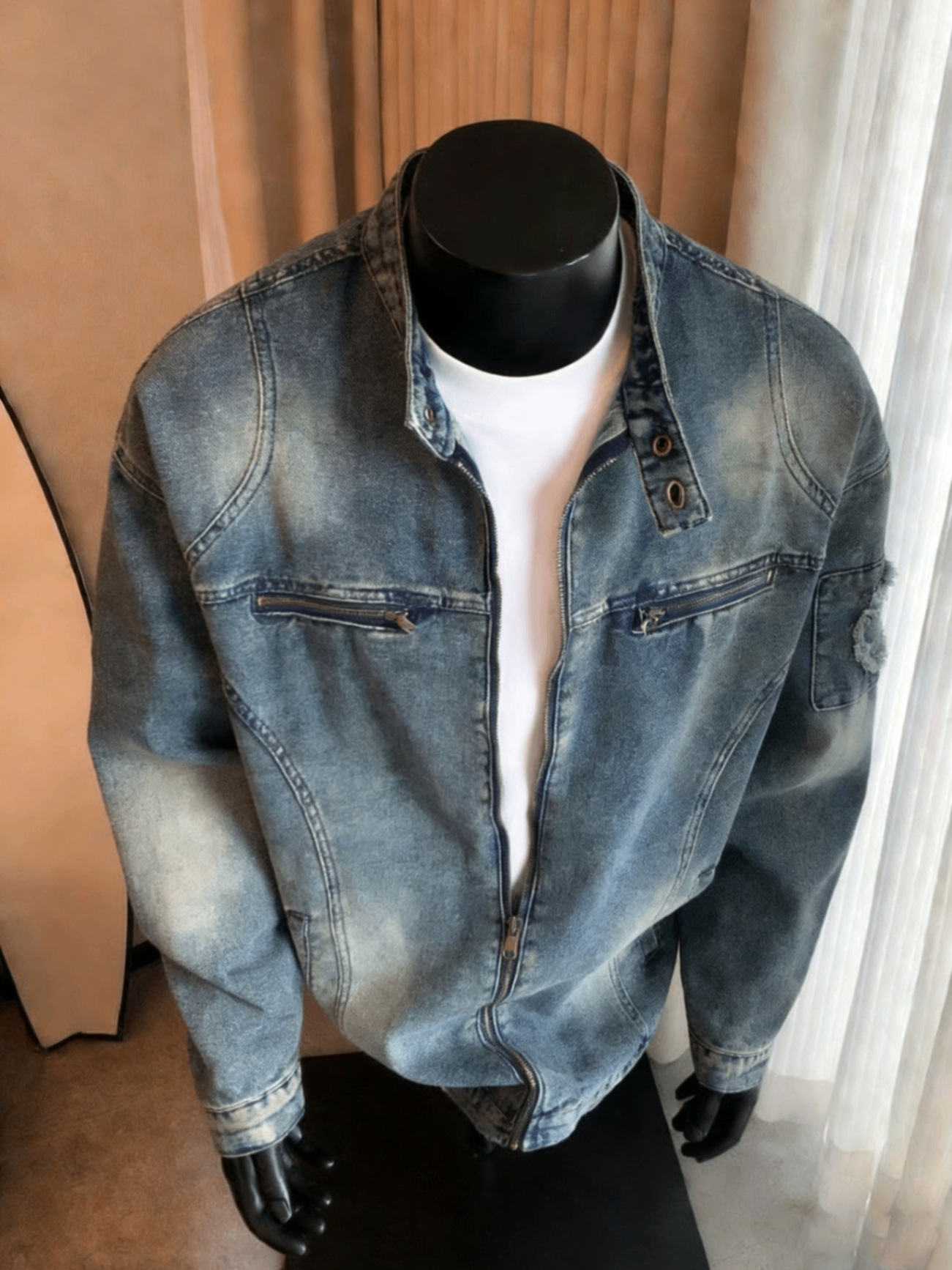 Men's Denim Jacket Washed Motorcycle Style Loose Casual Zipper_voghion.com
