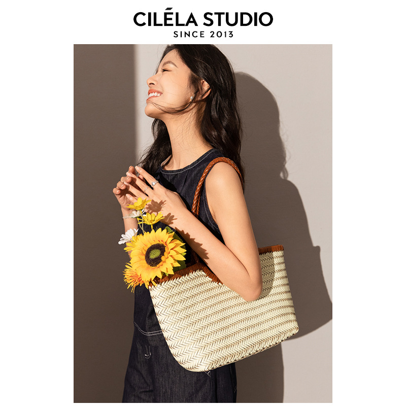 Hand-Woven Genuine Leather Basket Bag, Large Capacity Tote Handbag & Shoulder Bag For Women, Summer Vacation Underarm Bag - Thumbnail 7