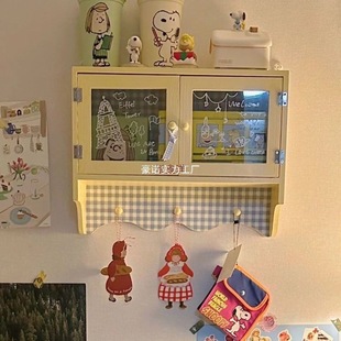 Ins Cream Plaid Storage Rack Girl's Heart Household Cabinet Hong Kong-style Wooden Wall Cabinet Vintage Decoration
