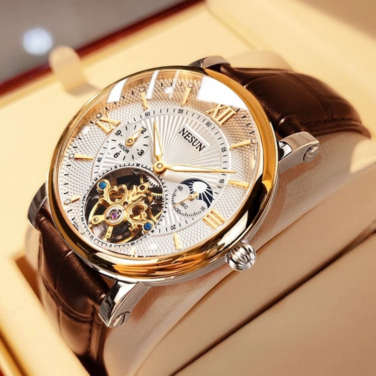 NESUN NISHAN Automatic Mechanical Watch Luminous Fashion Waterproof Hollow Flywheel Belt Men's Watch 9091