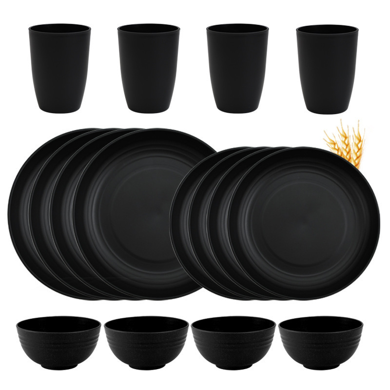 Cross-border wheat straw bowl cup black suit household simple Amazon gift 16 pieces wholesale suit