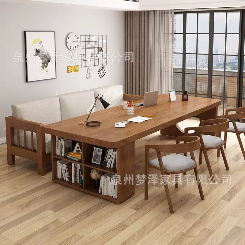 客厅实木大书桌书架一体双人写字台长条桌子青少年学习桌办公桌