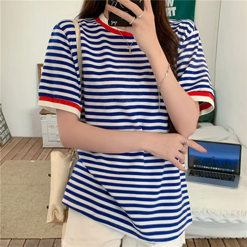 卡通撞色条纹短袖t恤女2025新款夏季美式宽松洋气减龄学院风上衣|undefined