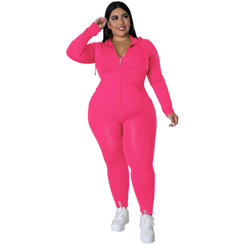 Plus Size Women's Clothing Solid Color Hooded Long Sleeve Fashion Casual Set Autumn Wear_ecoleips.com