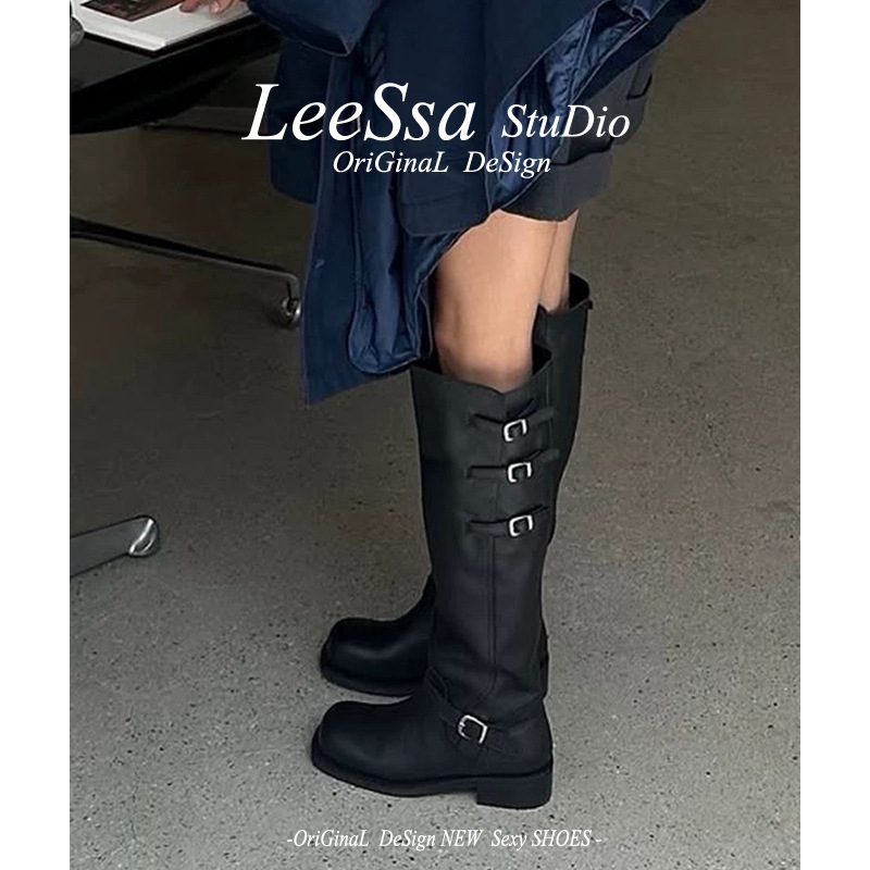 牛皮版~车静媛同款复古长靴女2025新款拼色堆堆靴粗跟百搭高筒靴|undefined