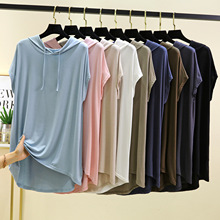 夏季新款莫代尔连帽短袖T恤前短后长中长款打底衫宽松休闲女上衣