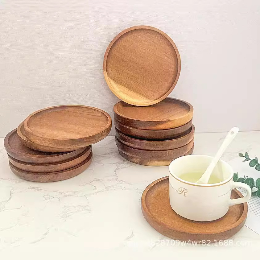 Customized Acacia Wood Coaster 13cm Tea Set Coffee Cup Desktop Insulation Pad Round Solid Wood Non-Slip Wooden Bowl Pad