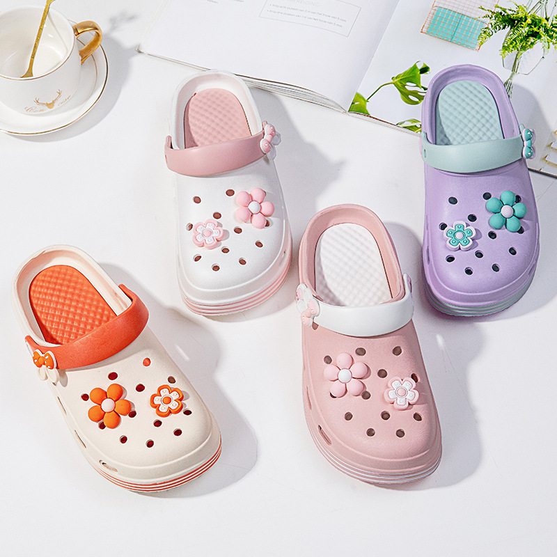Cross-Border Clogs for Women, Summer Outer Wear, Thick Soles, Flower Toe-Toe Slippers, Beach Sandals, Non-Slip, Versatile Sandals