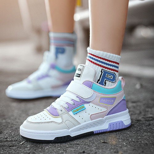 Children's sneakers 2024 spring and autumn boys' leather waterproof sneakers girls' pink soft sole mid-top casual sneakers