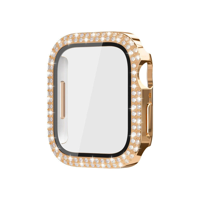 Защитный чехол для Apple Watch 10, совместимый, двойной ряд инкрустации кристаллами, ПК с закаленной пленкой, интегрированный корпус для часов