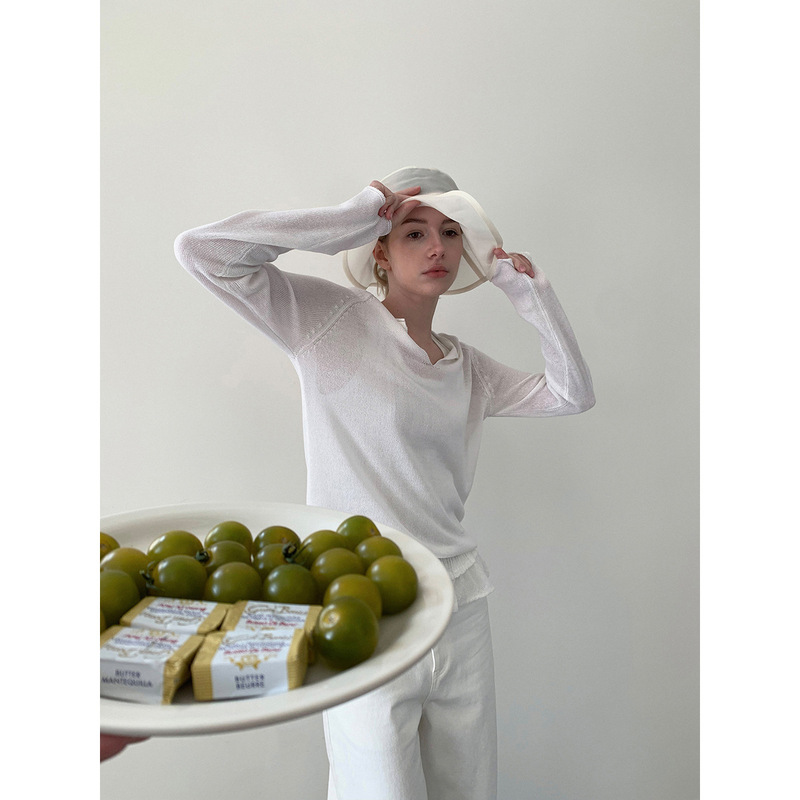 [Special Offer, No Returns or Exchanges] Linen Blend Pullover Top for Women, Spring V-Neck Long-Sleeve Knitwear