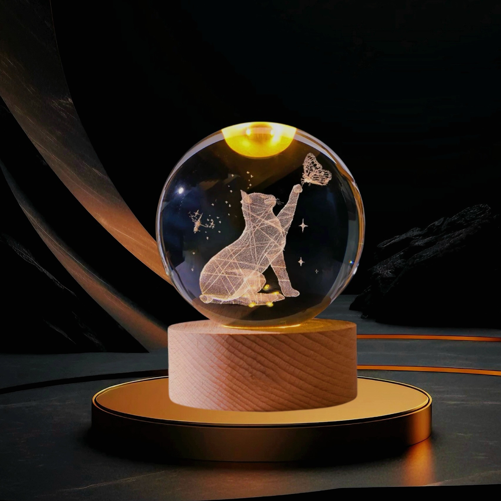 Lámpara de Noche de Cristal con Diseño de Cielo Estrellado 3D, Regalo Navideño, Base Redonda de Madera Luminosa, Lámpara de Mesa, Adorno, Regalo de Navidad