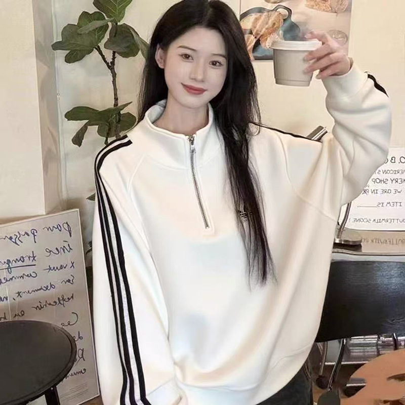 三叶草纯棉刺绣长袖卫衣男女情侣款三条杠休闲宽松圆领套头上衣潮|undefined