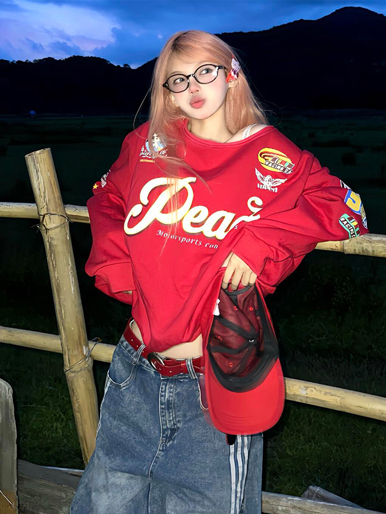 Women's Clothing Women's Red Hot Girl Off-Shoulder Sweatshirt Style Early Autumn Letter Color Block Print One-Shoulder Long Sleeve Loose Top_ecoleips.com