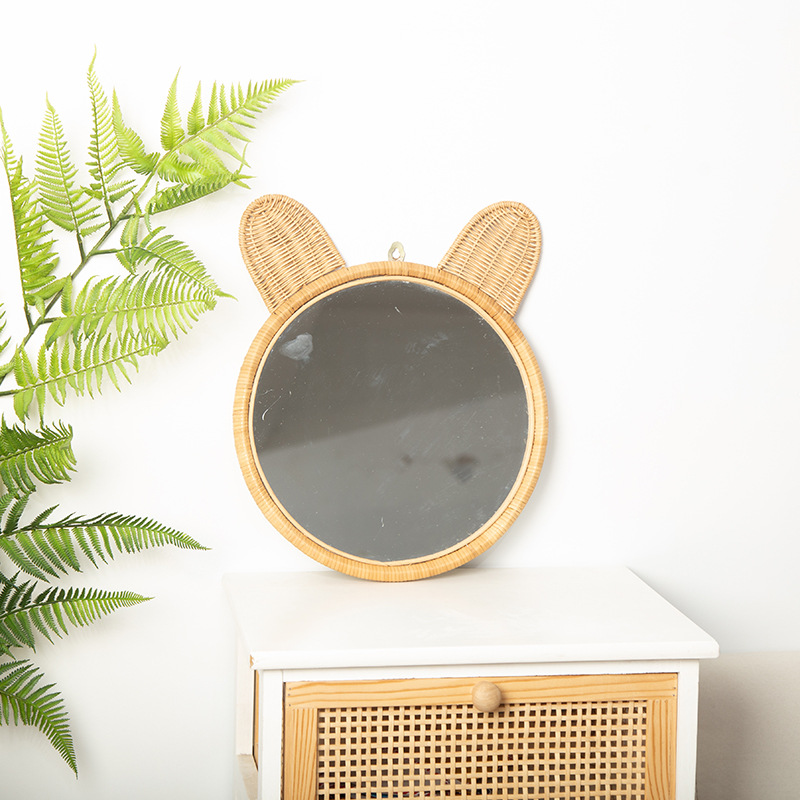 Espejo decorativo de pared de tejido de ratán transfronterizo personalizado, espejo colgante de decoración de pared de fondo para el hogar de B & B, espejo de maquillaje creativo de dibujos animados