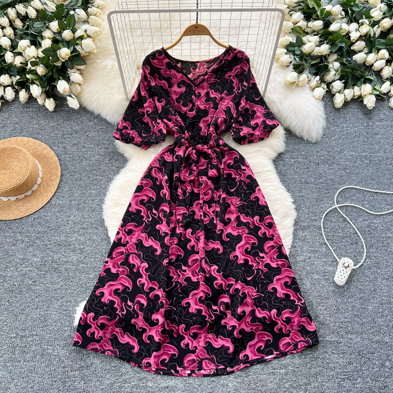 Высококачественное платье с пышными рукавами во французском стиле ретро для женщин, летняя длинная юбка с утягивающим дизайном на талии