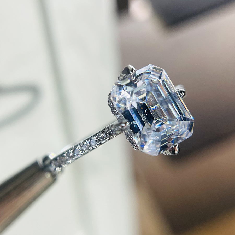 JZ534 新款7×9长方阿斯切倒角宝塔锆石女戒指悬浮感钻戒爪镶婚戒|ms