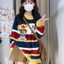 甜美小清新日系少女街头条纹针织衫套头圆领秋冬新款百搭毛衣外套