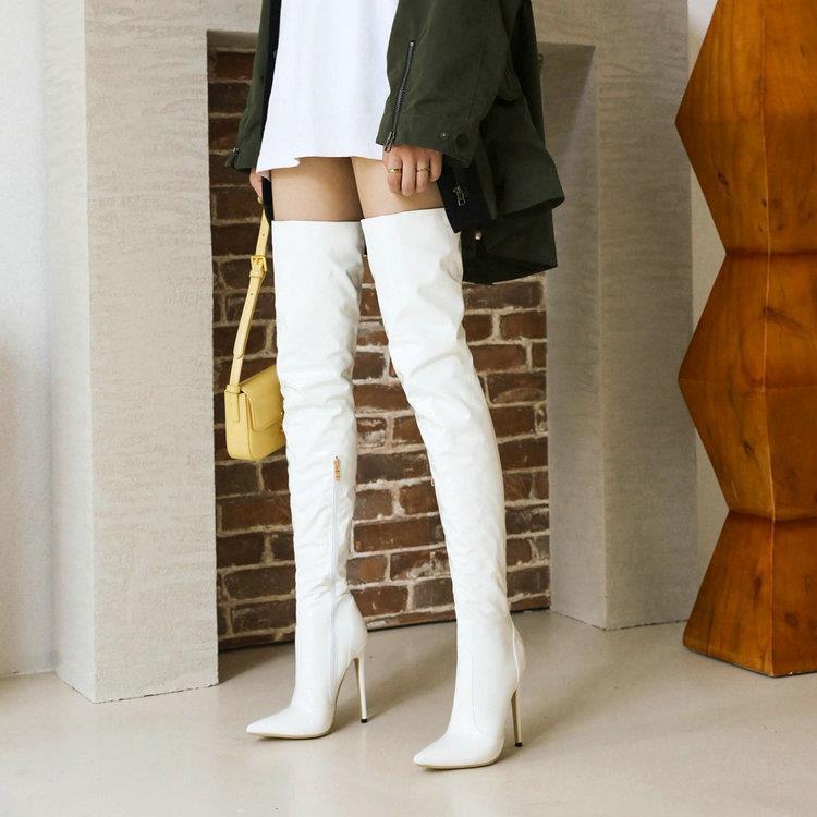 Over the knee boots Women's Red boots Shiny patent leather thigh-high boots Sexy Thigh boots pointy heels_voghion.com