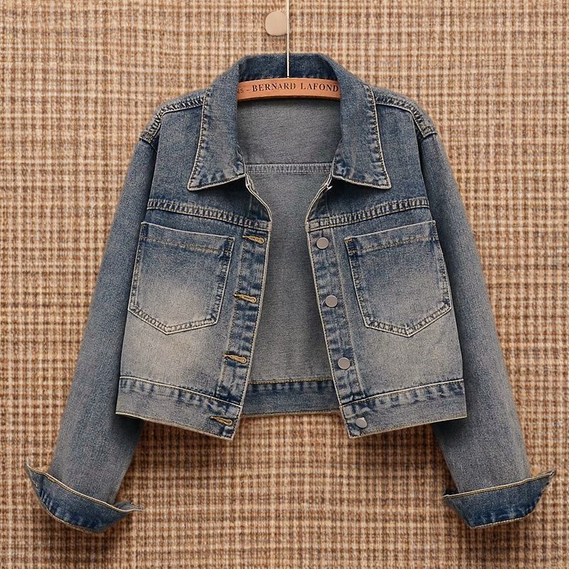 Design Short Retro Blue Denim Jacket Women's 2024 New Spring and Autumn Korean All-match Loose Jacket Long Sleeve Top
