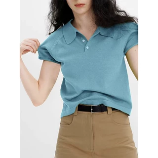 复古蓝色polo领正肩短袖针织衫女夏季法式宽松显瘦小飞袖翻领上衣