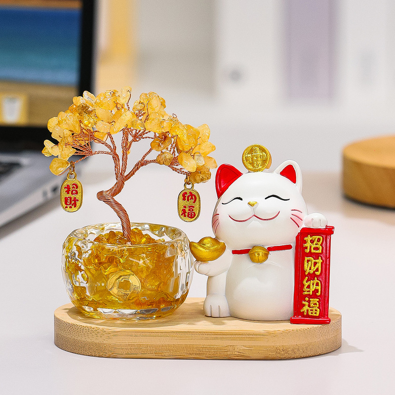 招财猫摆件天然水晶发财树办公室工位装饰创意新款水晶树桌面礼物|undefined