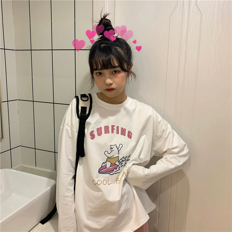 2025 Гонконгский стиль, нишевая футболка с длинным рукавом с принтом лыжного медведя, женская осенняя свободная студенческая верхняя одежда в корейском стиле