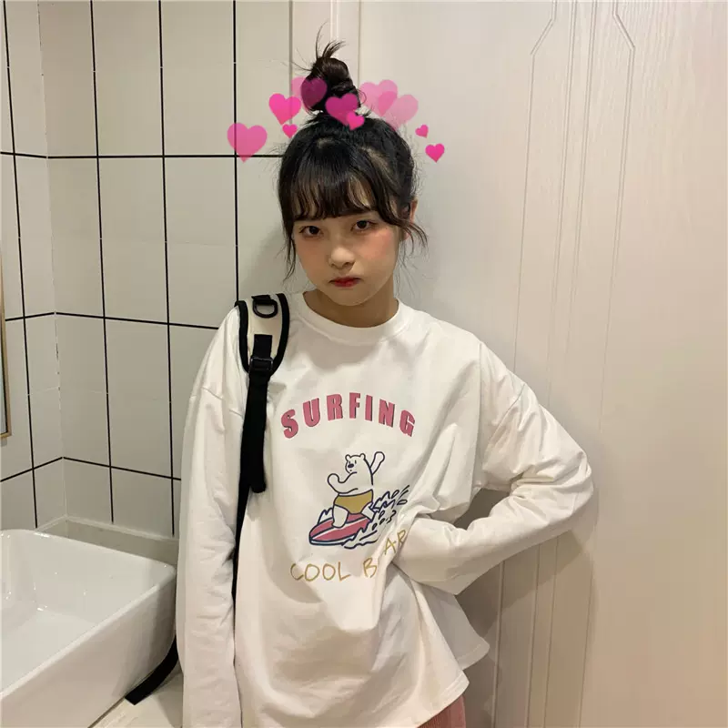 2025港风小众印花滑雪小熊长袖T恤女秋季宽松韩版学生外穿上衣ins