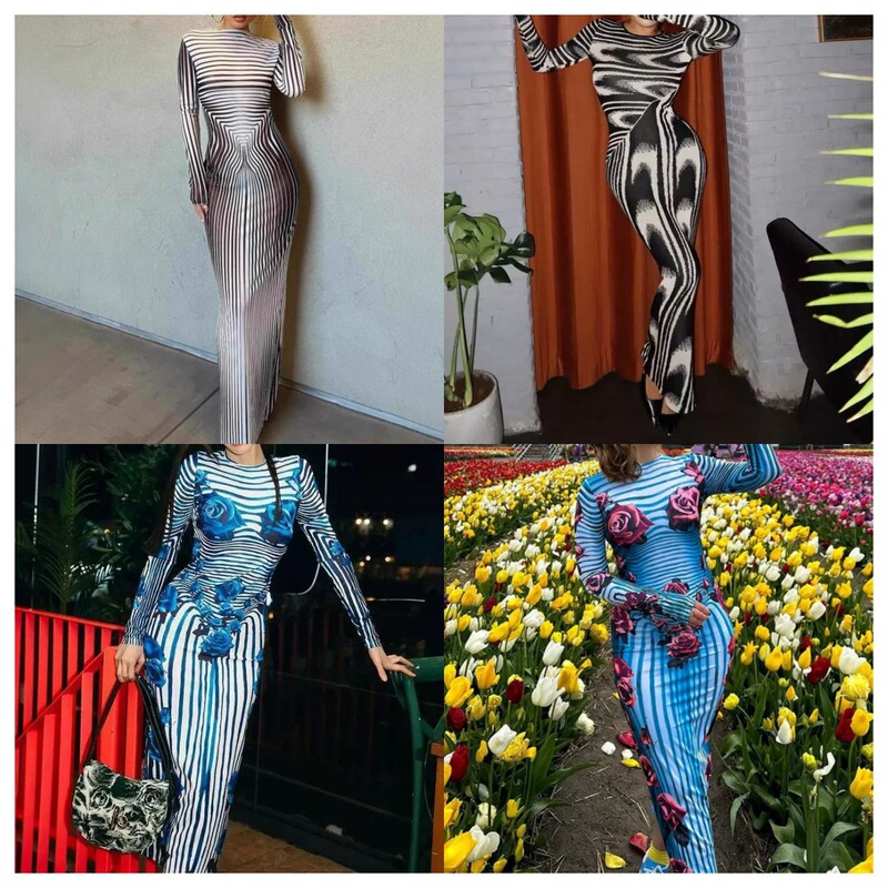 Summer Sexy Super Long Dress, New Foreign Trade Model, Amazon Cross-Border New Product, Low-Neck Long-Sleeved Fashionable Dress Summer Sexy Super Long Dress, New Foreign Trade Model, Amazon Cross-Border New Product, Low-Neck Long-Sleeved Fashionable Dress