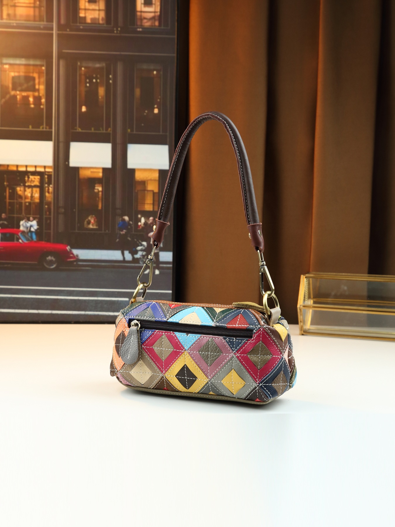 Women's Ethnic Style Colorful Plaid Leather Crossbody Shoulder Bag_voghion.com