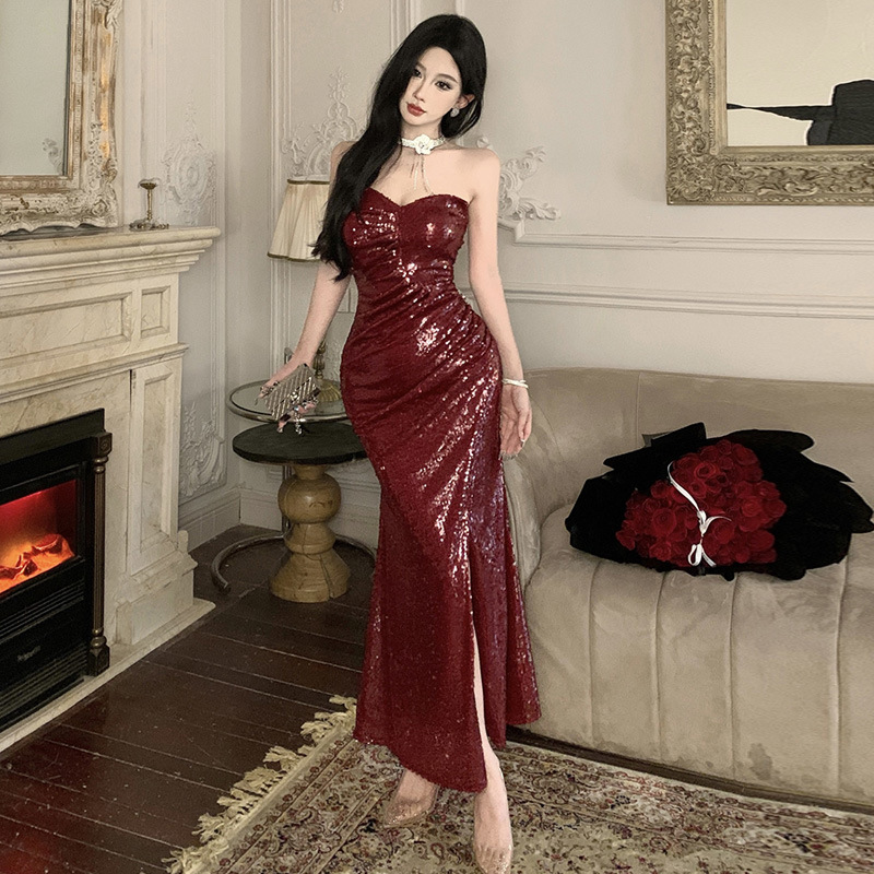 Wds5321 European and American 2025 Export Wholesale Sexy Tube Top Sequin Pleated Slimming Look Slit Dress Dress for Women