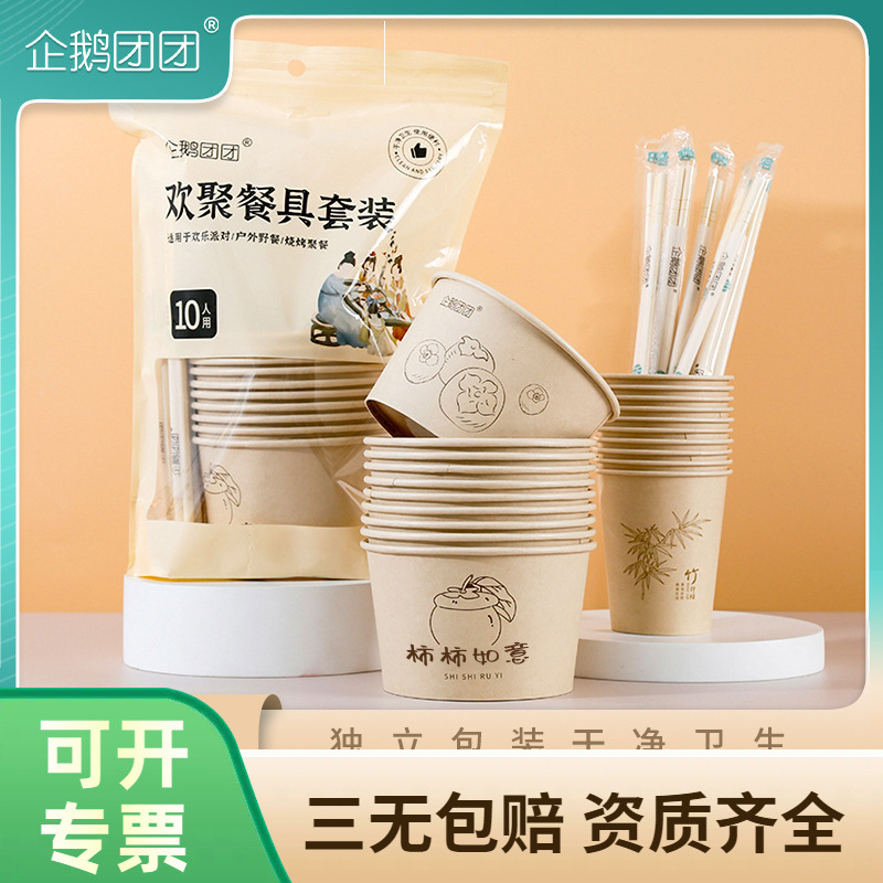 Disposable Tableware Set of 3 Pieces, Including Bowls, Chopsticks, and Cups, Suitable for Ten People, Commercial Grade, Good Quality Disposable Bowls