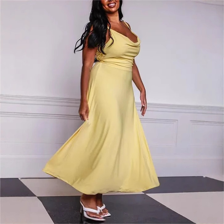 2023 New European and American Cross-Border Summer Solid Color Round Neck Pleated Strap Waist-Cinching Sexy Dress Long Skirt 2023 New European and American Cross-Border Summer Solid Color Round Neck Pleated Strap Waist-Cinching Sexy Dress Long Skirt