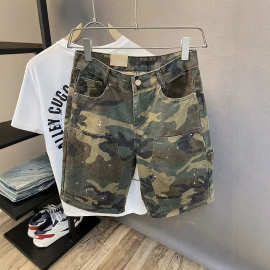 日系夏季男生潮流迷彩休闲五分马裤修身工装短裤水洗中裤男2026年