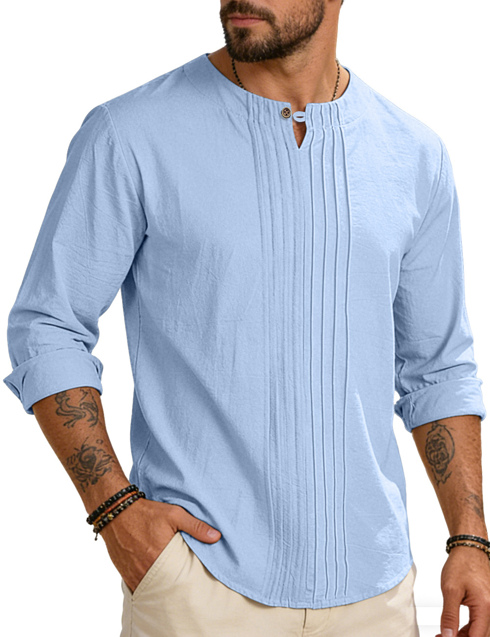 Estación independiente transfronteriza europea y americana spot cuello redondo manga larga hombre primavera otoño y verano blusa de algodón y lino suelta camisa de abrigo