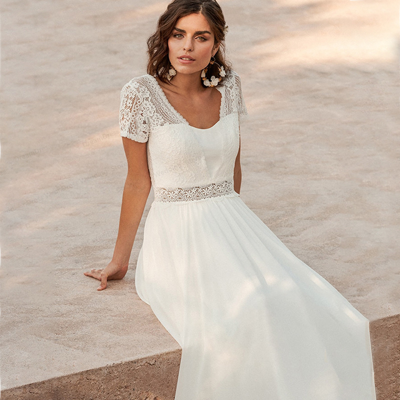 Amazon 2023 Cross-border White Super Fairy Beach Vacation Daily Dress Chiffon Lace Backless Light Wedding Dress Direct Selling