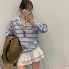 韩国chic博主穿搭2025条纹翻领小t 复古奶蓝色可爱针织衫上衣