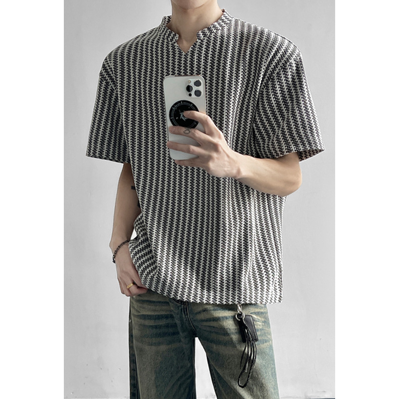 Herringbone Pattern V-neck Short-sleeve T-shirt Men, Summer Trendy American-style Clothing, Loose Fit, Heavy-duty_voghion.com