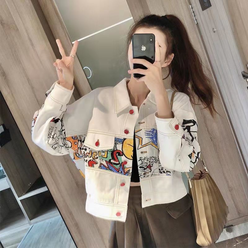 Denim Jacket Women's Fashionable Personalized Graffiti Tooling Jacket Loose Korean-style College Style Street-fried Jacket Women's Short