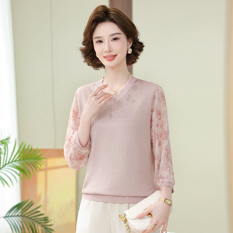Мама весенний вязаный свитер мода среднего возраста женская рубашка с рукавами