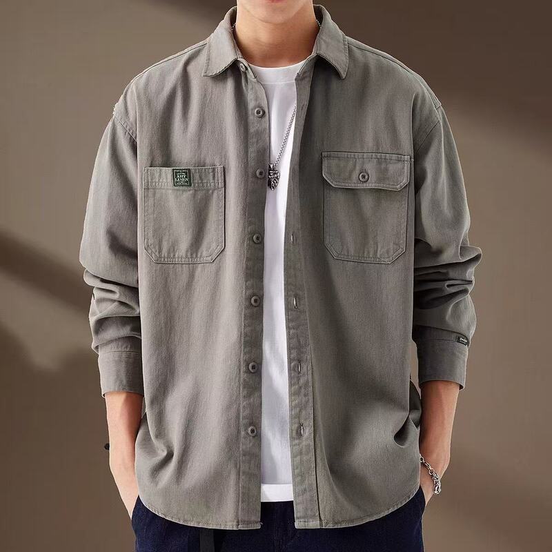 New Japanese Retro Workwear Style Men's Trendy Brand Simple Long-Sleeve Turn-Down Collar Daily Commuter Shirt with Pocket Decoration