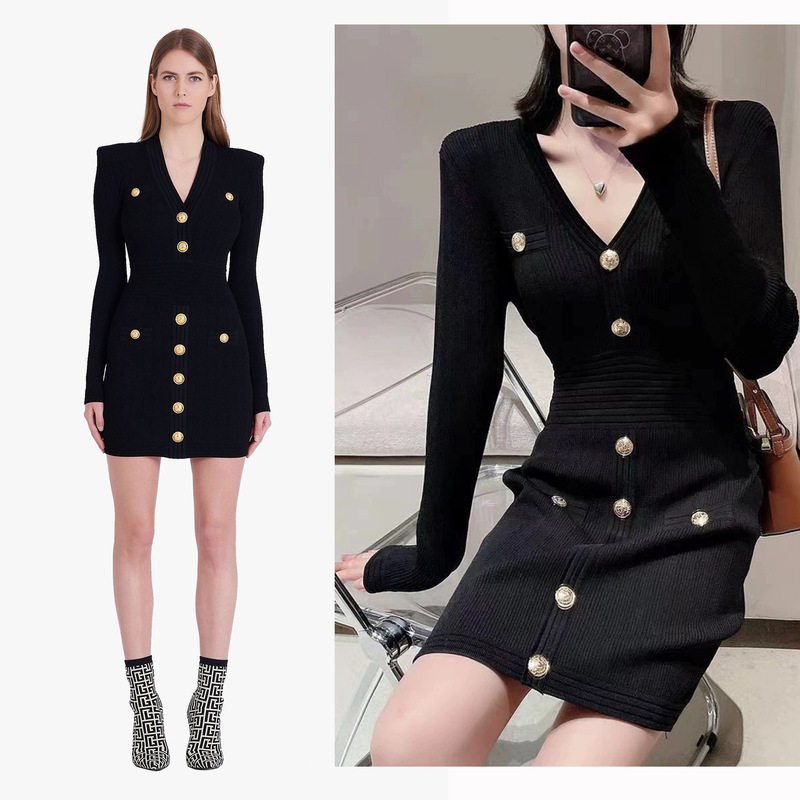 Cross-border Dress Knitted Skirt Fragrant Black Slimming Metal Button Long Sleeve V-Neck Wrap Hip Mid-length Dress 1213