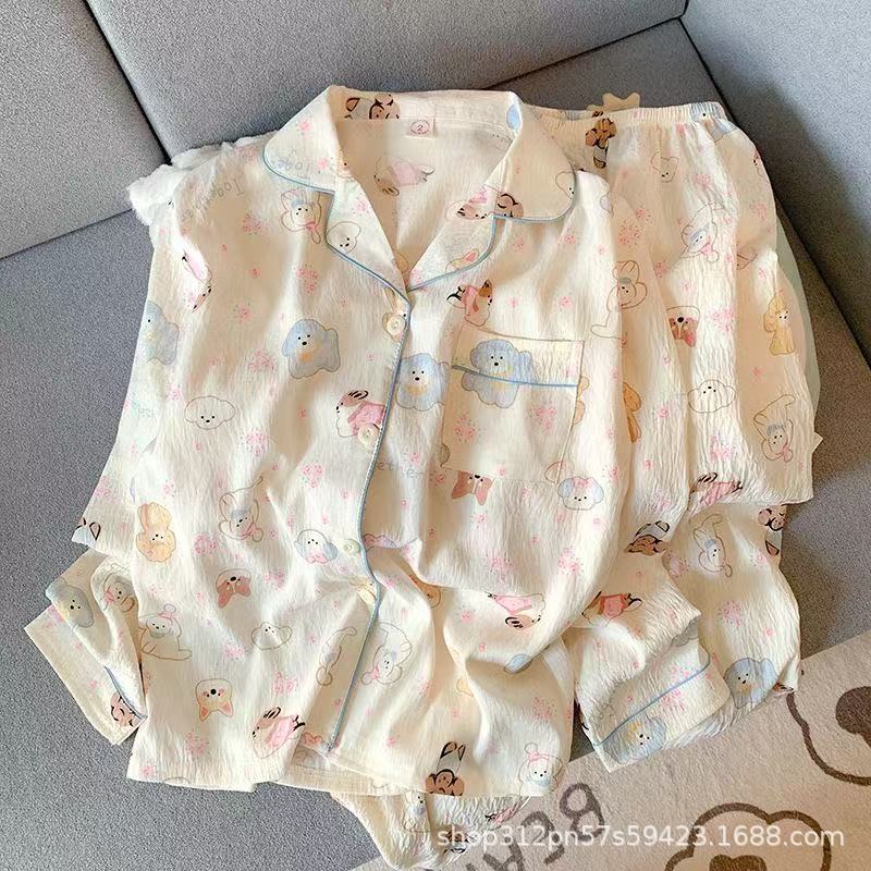 雲の綿のパジャマの女性のシンプルで甘いネットの赤い長袖のカーディガンの少女のカジュアルな薄いタイプの家庭服の2つのセット|undefined