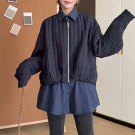 7955现货 芜阅秋季时尚显瘦长袖休闲风短款假两件圆领棉服