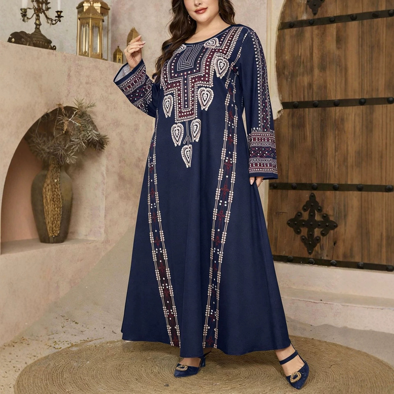 Clearance Sale on Limited Sizes: Loose-Fit Navy Blue Long-Sleeve Round Neck Vintage Ethnic Style Plus Size Robe for Cross-Border Trade Clearance Sale on Limited Sizes: Loose-Fit Navy Blue Long-Sleeve Round Neck Vintage Ethnic Style Plus Size Robe for Cross-Border Trade